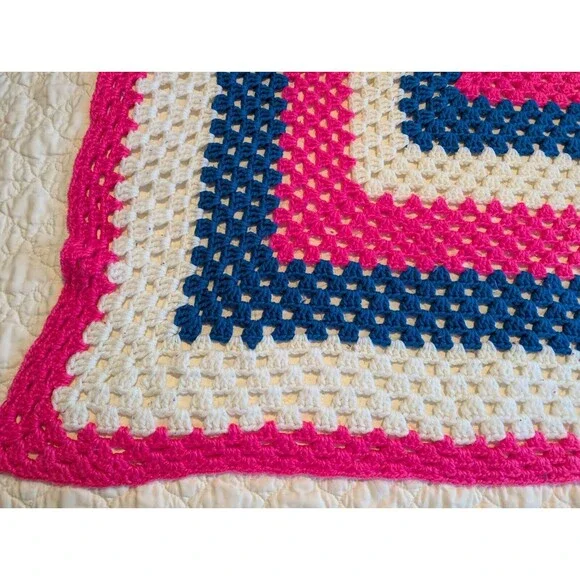 Hand Crocheted Baby Afghan Crib Blanket Pastel Handmade Pink Blue Squared - Picture 2 of 5